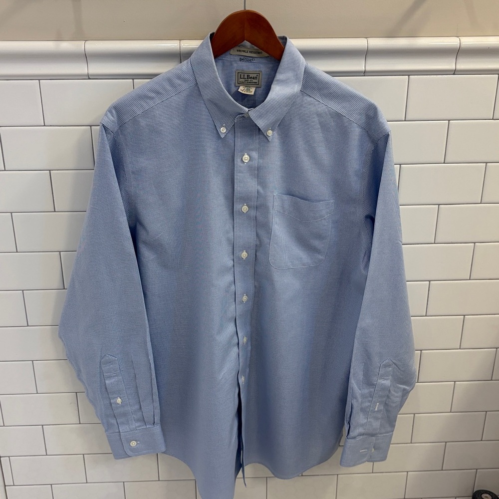 LL Bean Oxford Shirt Mens Large Blue Houndstooth Button Down Dress Shirt